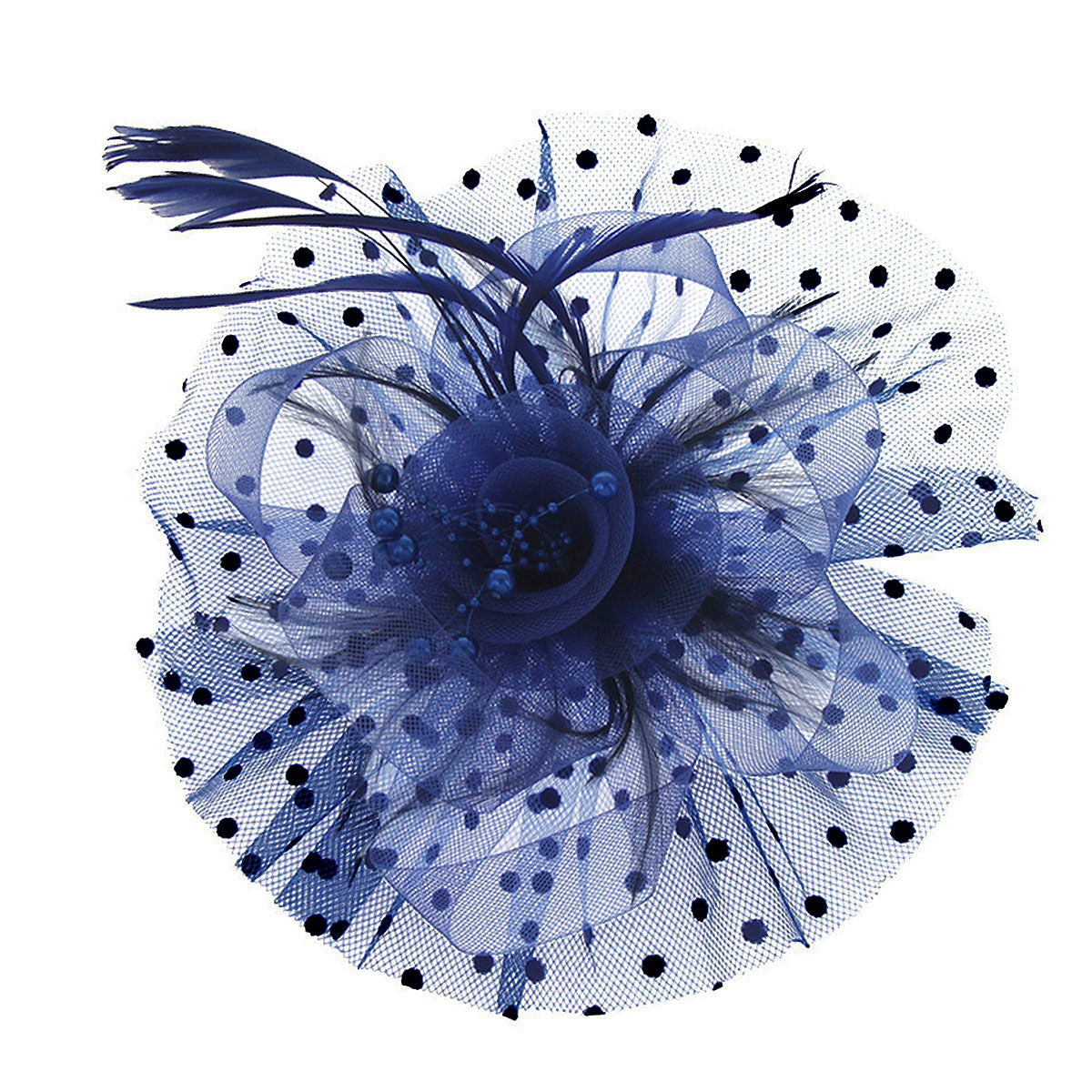 Royal Blue Flower Feather Polka Dot Fascinator
