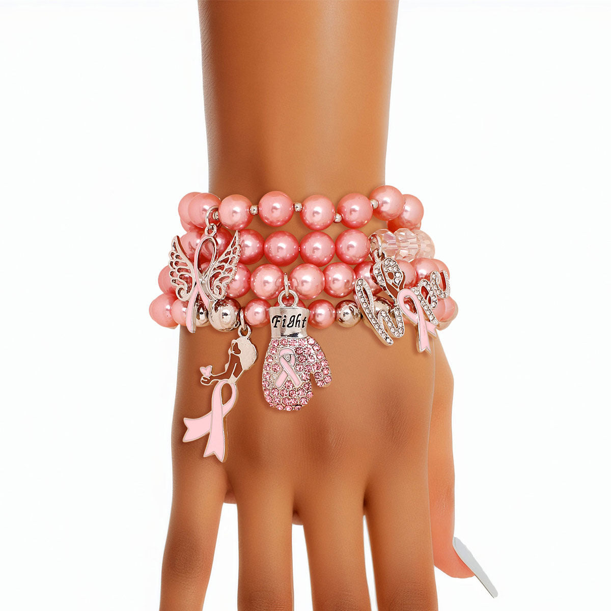 Breast Cancer Light Pink Pearl Fight 4 Pc Bracelets