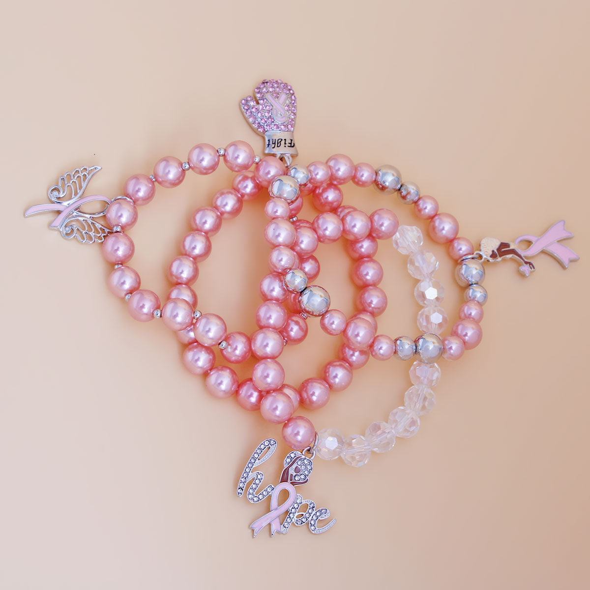 Breast Cancer Light Pink Pearl Fight 4 Pc Bracelets