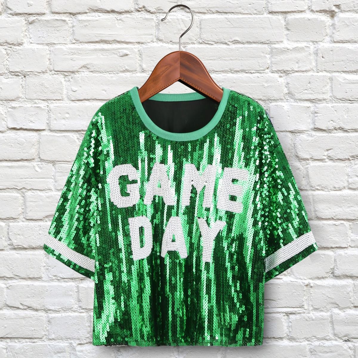 Jersey AKA Green White Sequin GAME DAY Crop Top