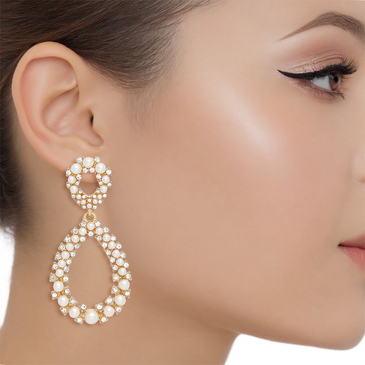 Teardrop Cream Pearl Glittering Gold Drop Earrings