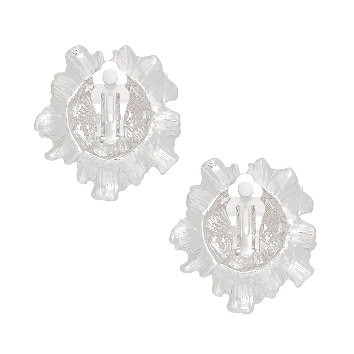 Clip On Silver Sculpted Floral White Pearl Earrings