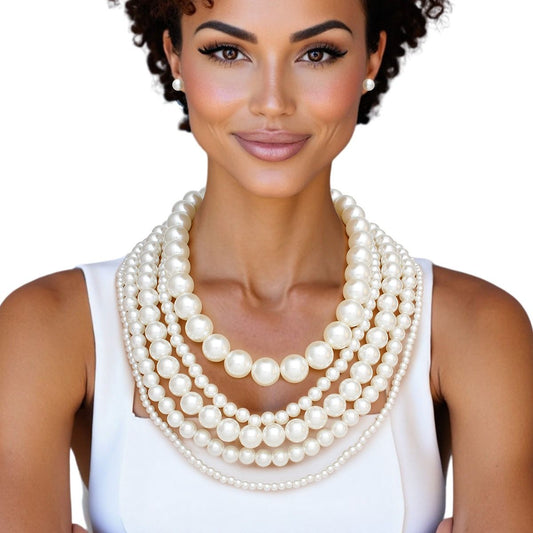 Pearl Cream 5 Strand Chunky Layered Necklace