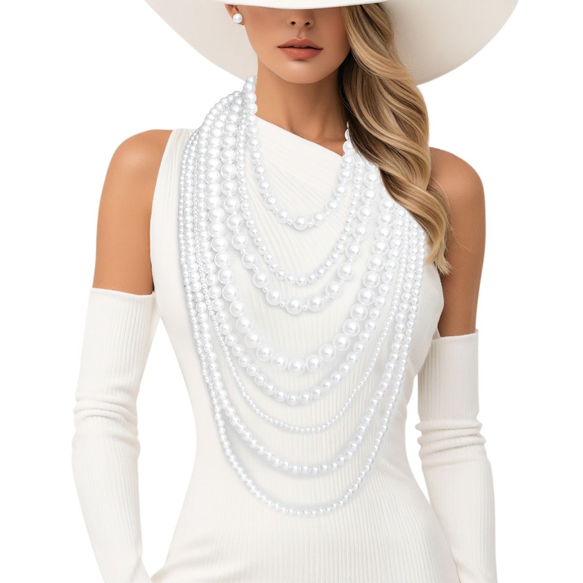 Pearl 8 Strand White Multi Layer Long Necklace