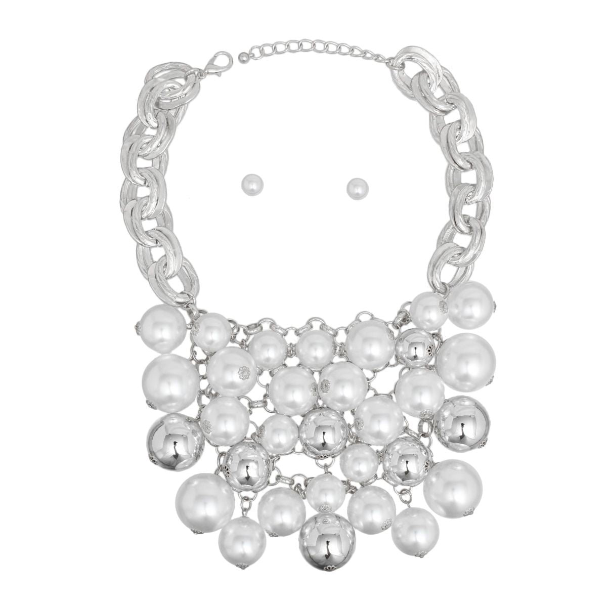 Bib Opulent White Pearl Silver Chainmaille Necklace