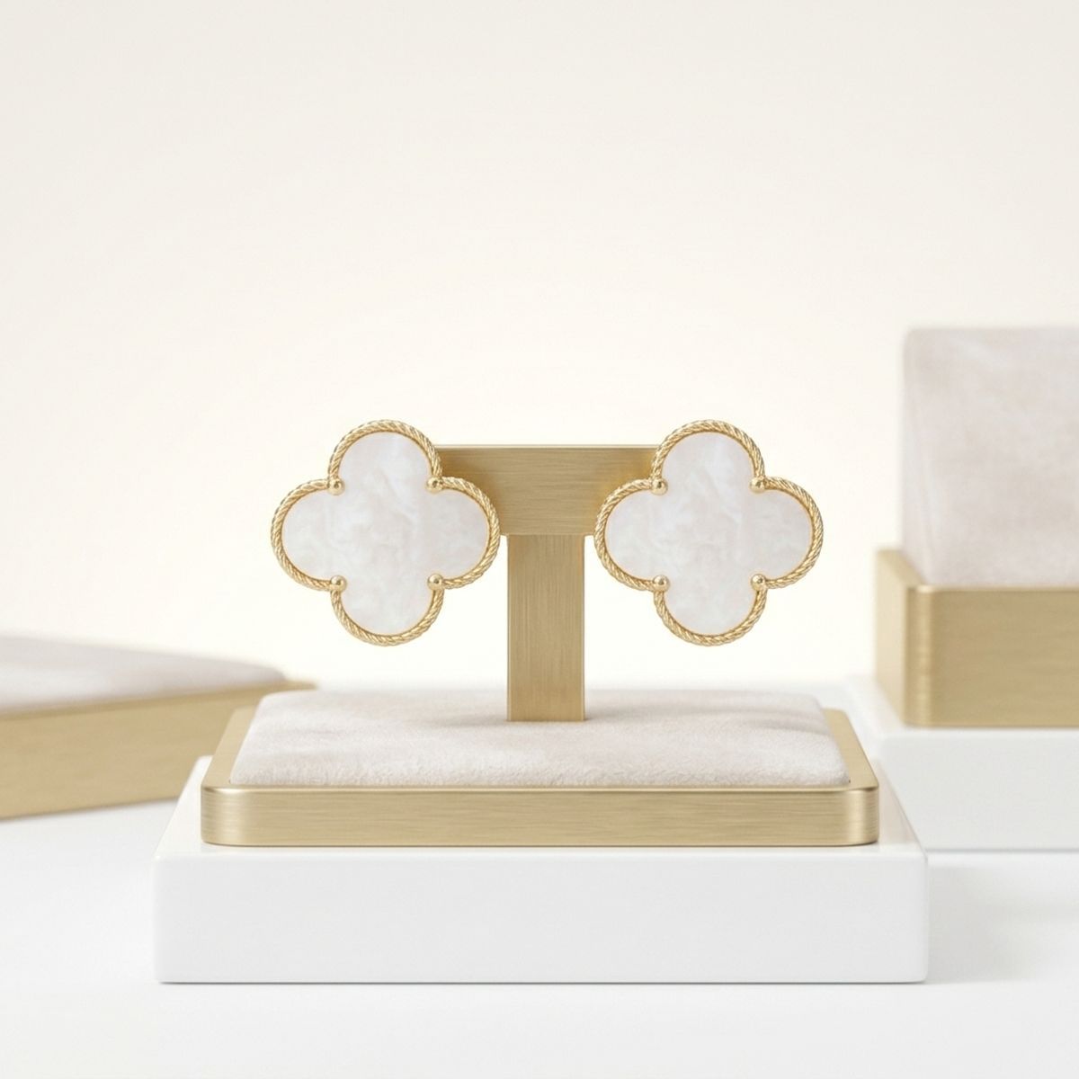 Stud Large Cream and Gold Quatrefoil Earrings