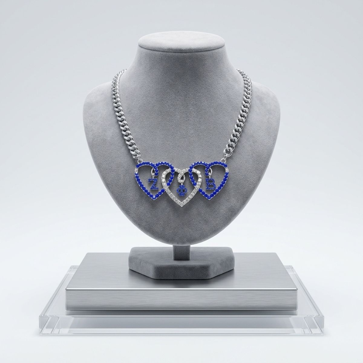 ZPB Blue and Clear Triple Heart Pendant Necklace