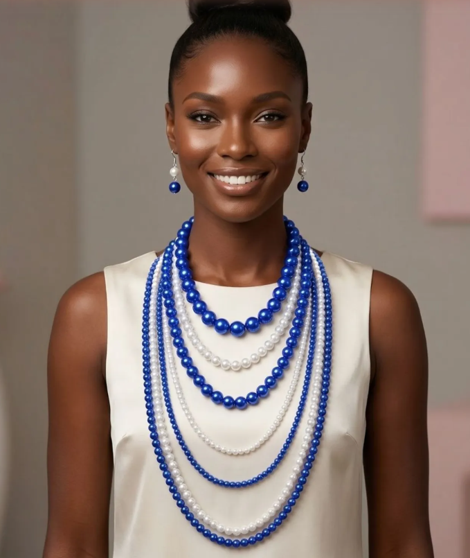 ZPB Sorority Blue White Pearl Long 7 Row Necklace