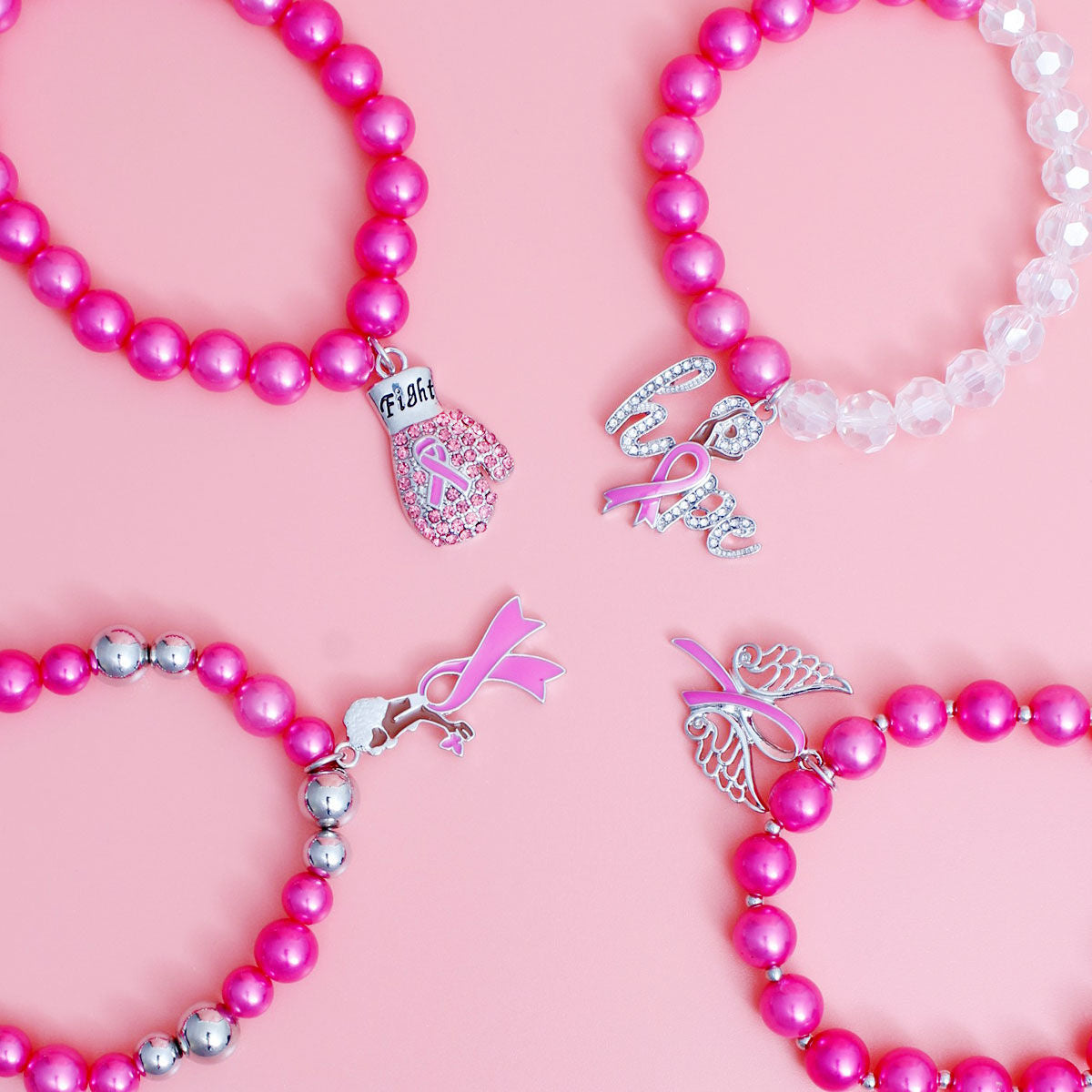 Breast Cancer Pink Pearl Fight 4 Pc Bracelets