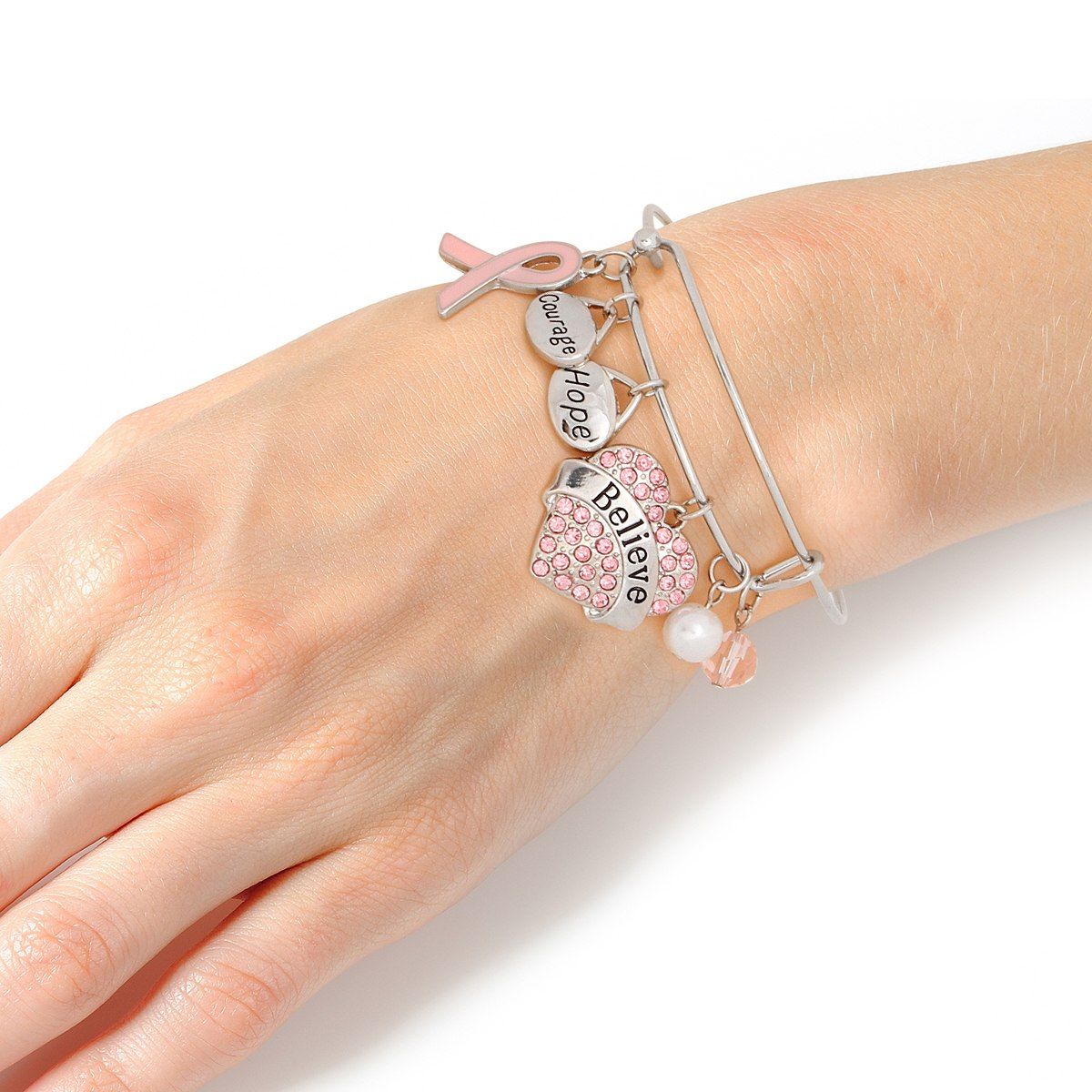 Breast Cancer Silver Wire Light Pink Believe Bangle