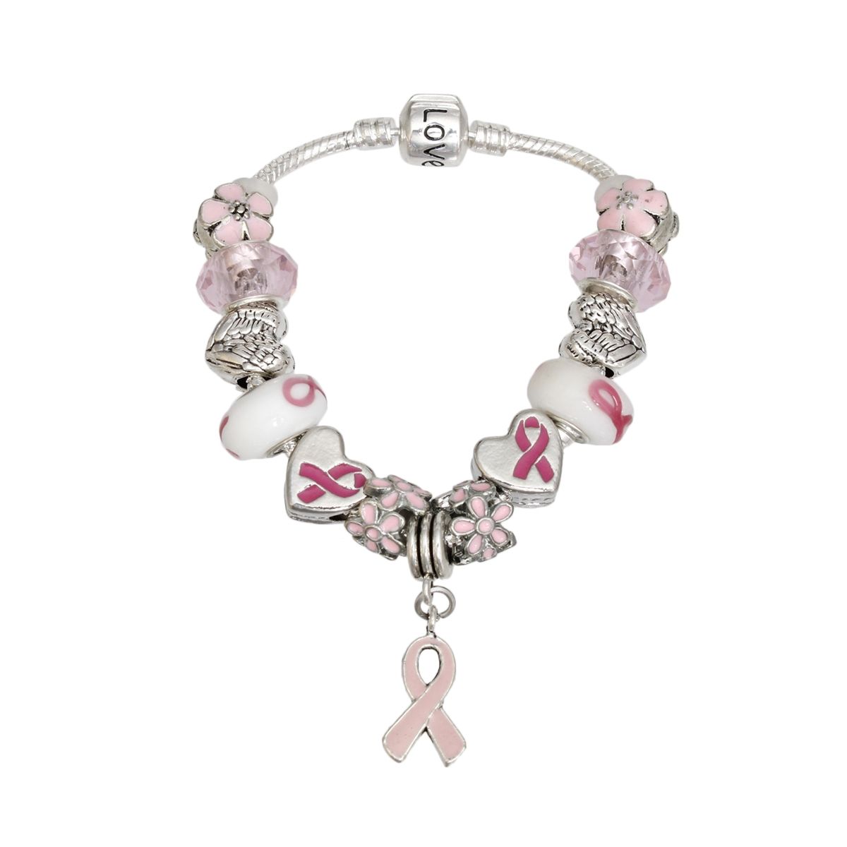 Breast Cancer Silver Hope Ribbon Charm Bracelet