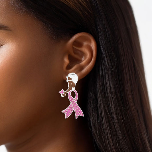 Breast Cancer Stud Silver Pink Ribbon Leg Earrings