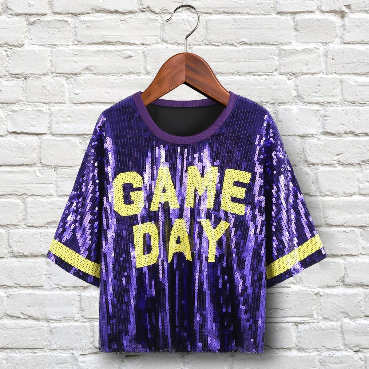 Jersey Purple Yellow Sequin GAME DAY Crop Top