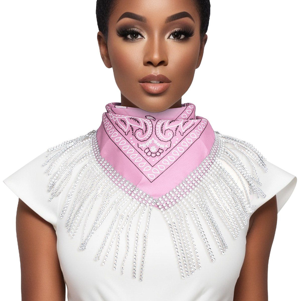 Pink and White Bandana Bling Fringe Necklace