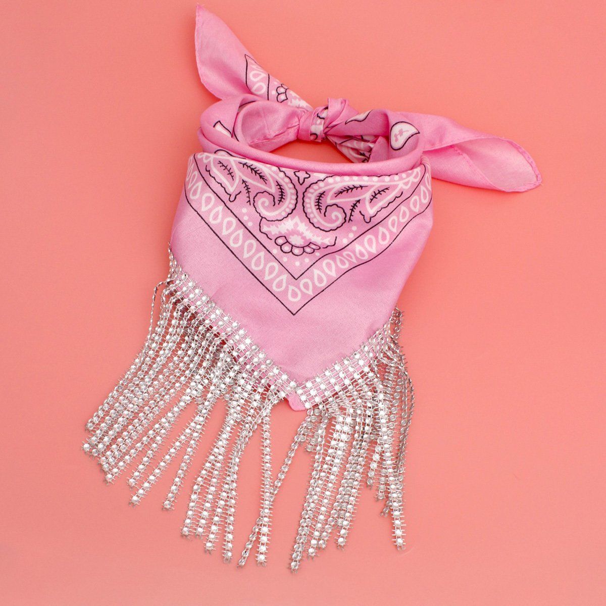 Pink and White Bandana Bling Fringe Necklace