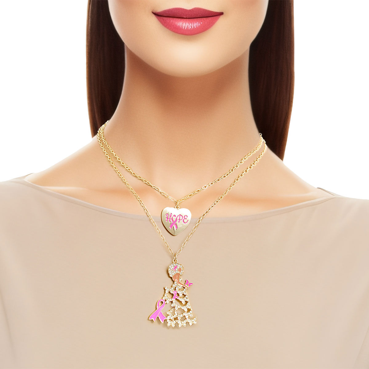 Breast Cancer Gold Chain 2 Pcs Pink Ribbon Pendants