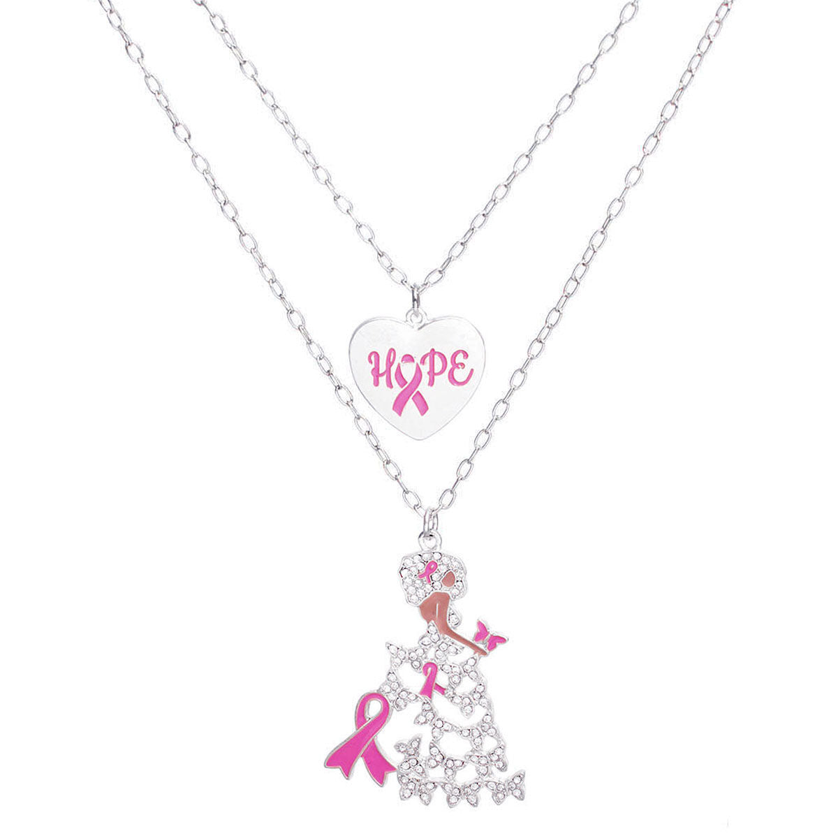 Breast Cancer Silver Chain 2 Pcs Pink Ribbon Pendants