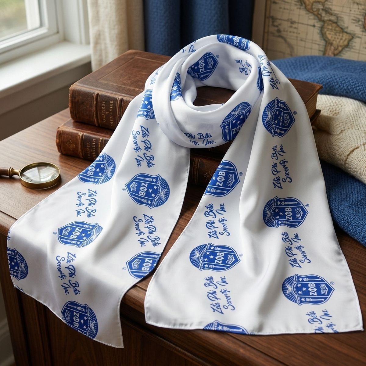 ZPB Long White and Blue Shield Rectangle Scarf
