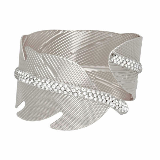 Cuff Silver Leaf Motif Shimmering Stone Bracelet