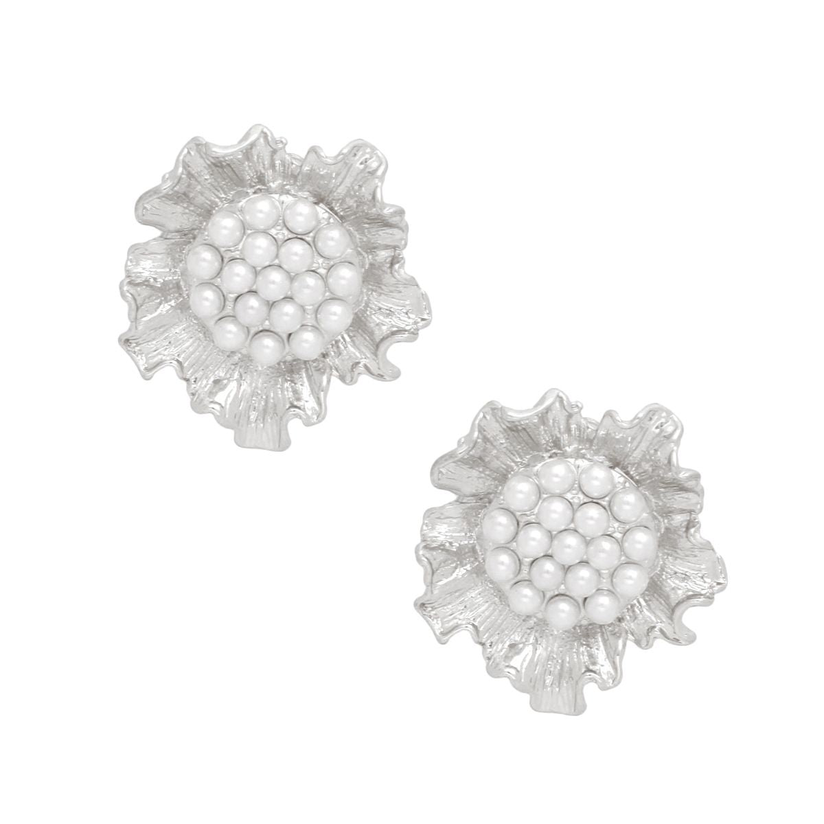 Clip On Silver Sculpted Floral White Pearl Earrings