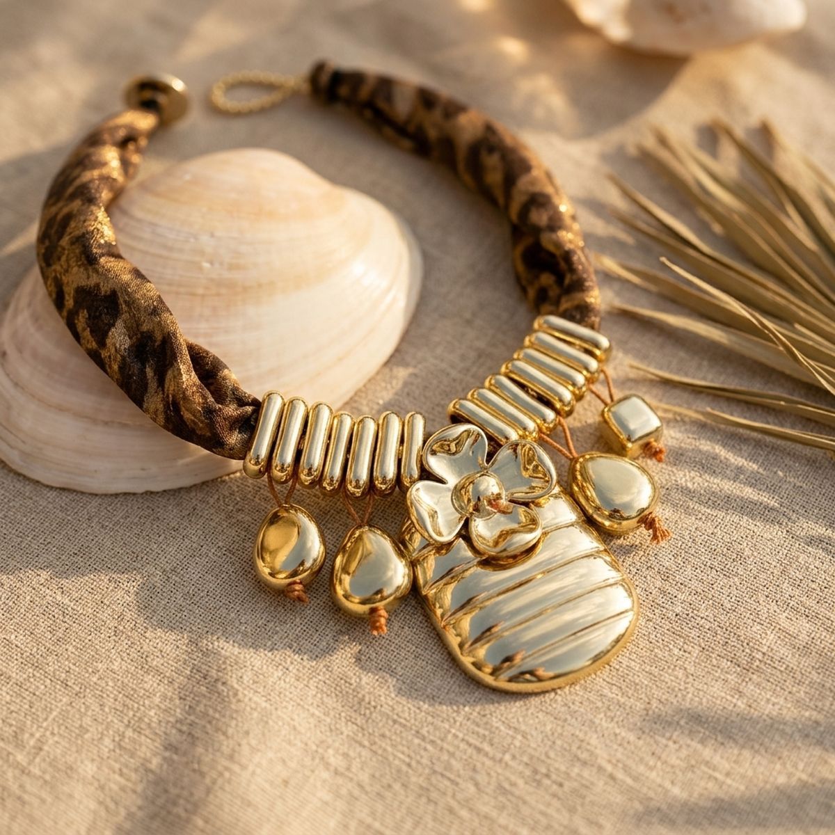 Pendant Shiny Gold Flower Leopard Scarf Necklace