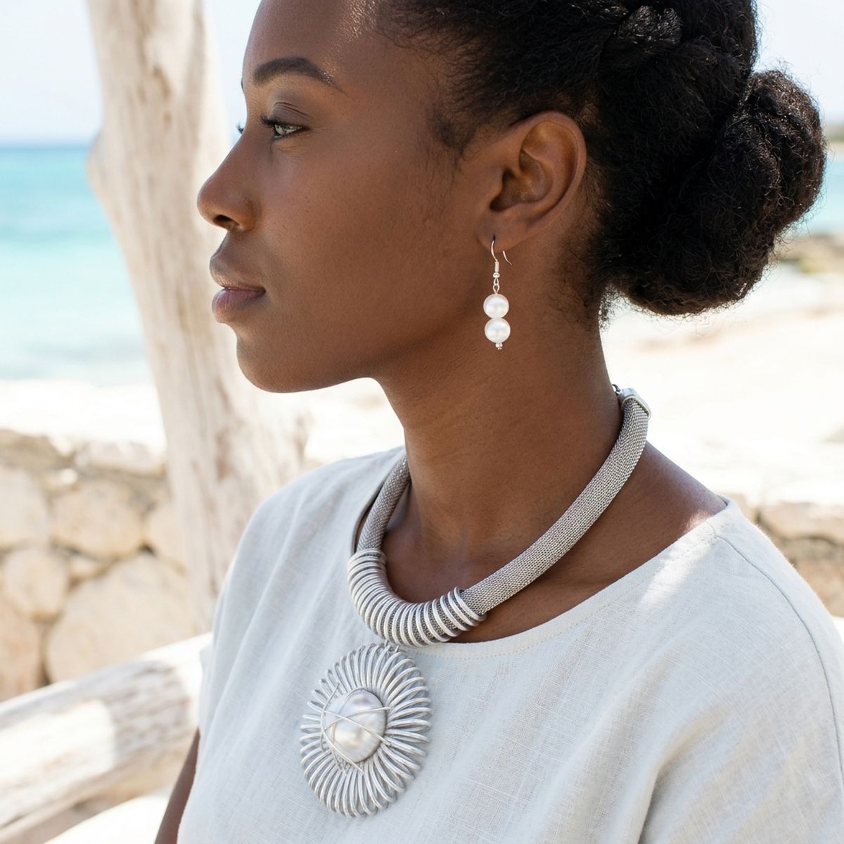 Silver Mesh Necklace with Spiral Sunburst Pendant