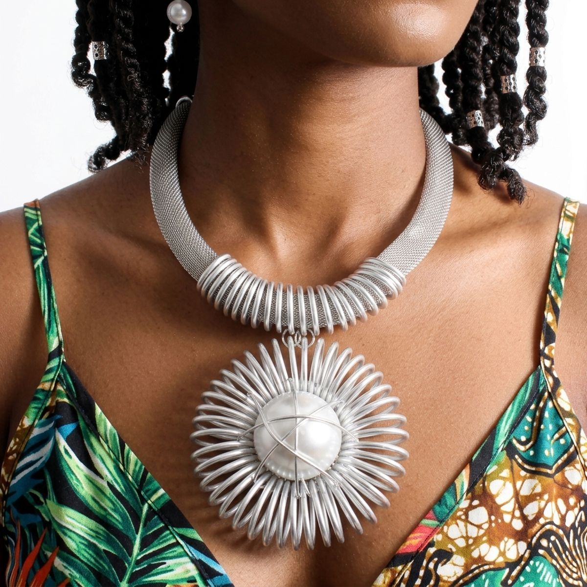 Silver Mesh Necklace with Spiral Sunburst Pendant