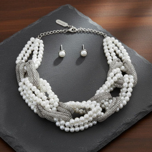 White Pearl and Silver Mesh Chain Knotted Necklace