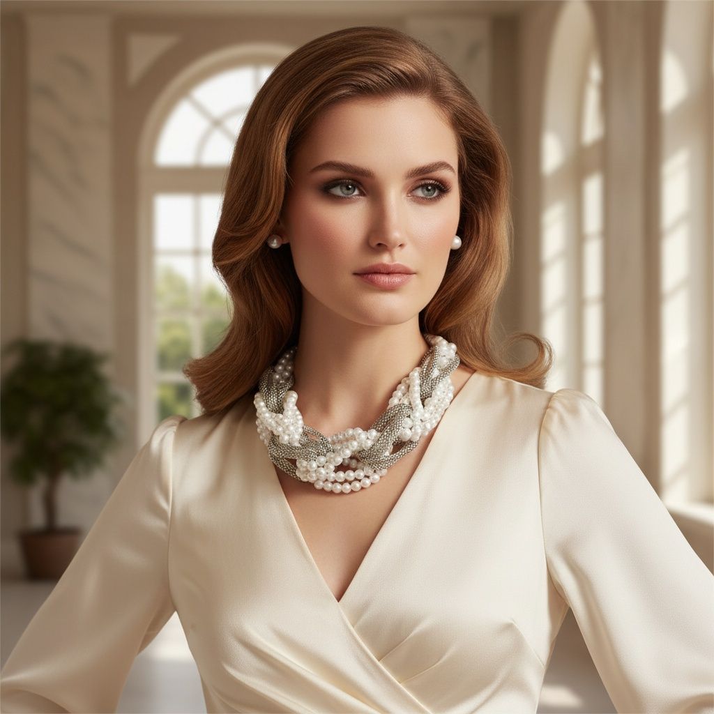 White Pearl and Silver Mesh Chain Knotted Necklace