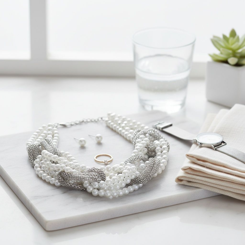 White Pearl and Silver Mesh Chain Knotted Necklace