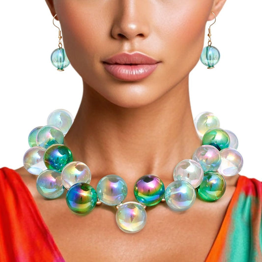 Necklace Blue Green Iridescent Bubble Ball Bead
