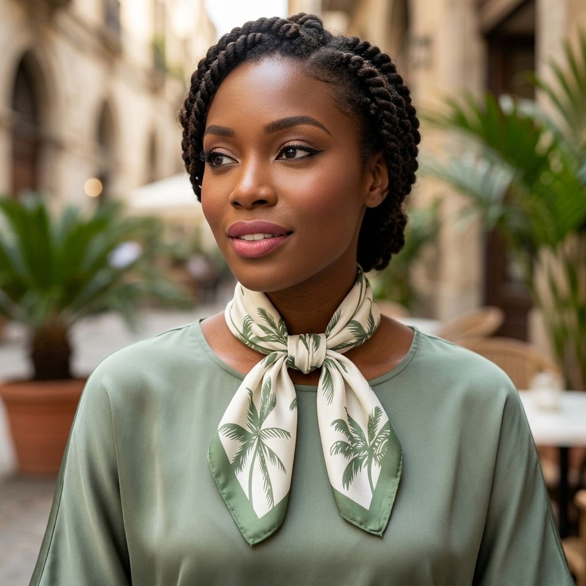 Silky Square Green Palm Tree Print Fashion Scarf