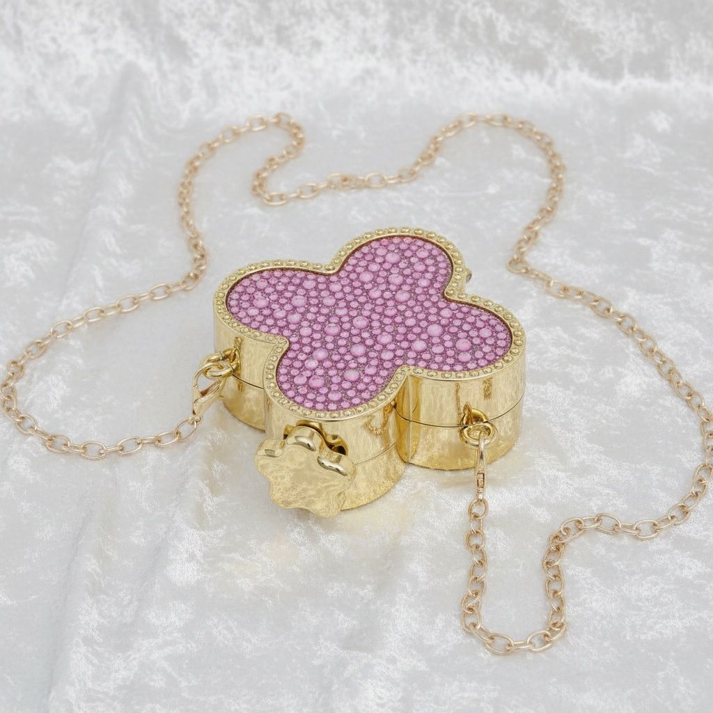 Mini Pink Quatrefoil Sparkle Crossbody Compact