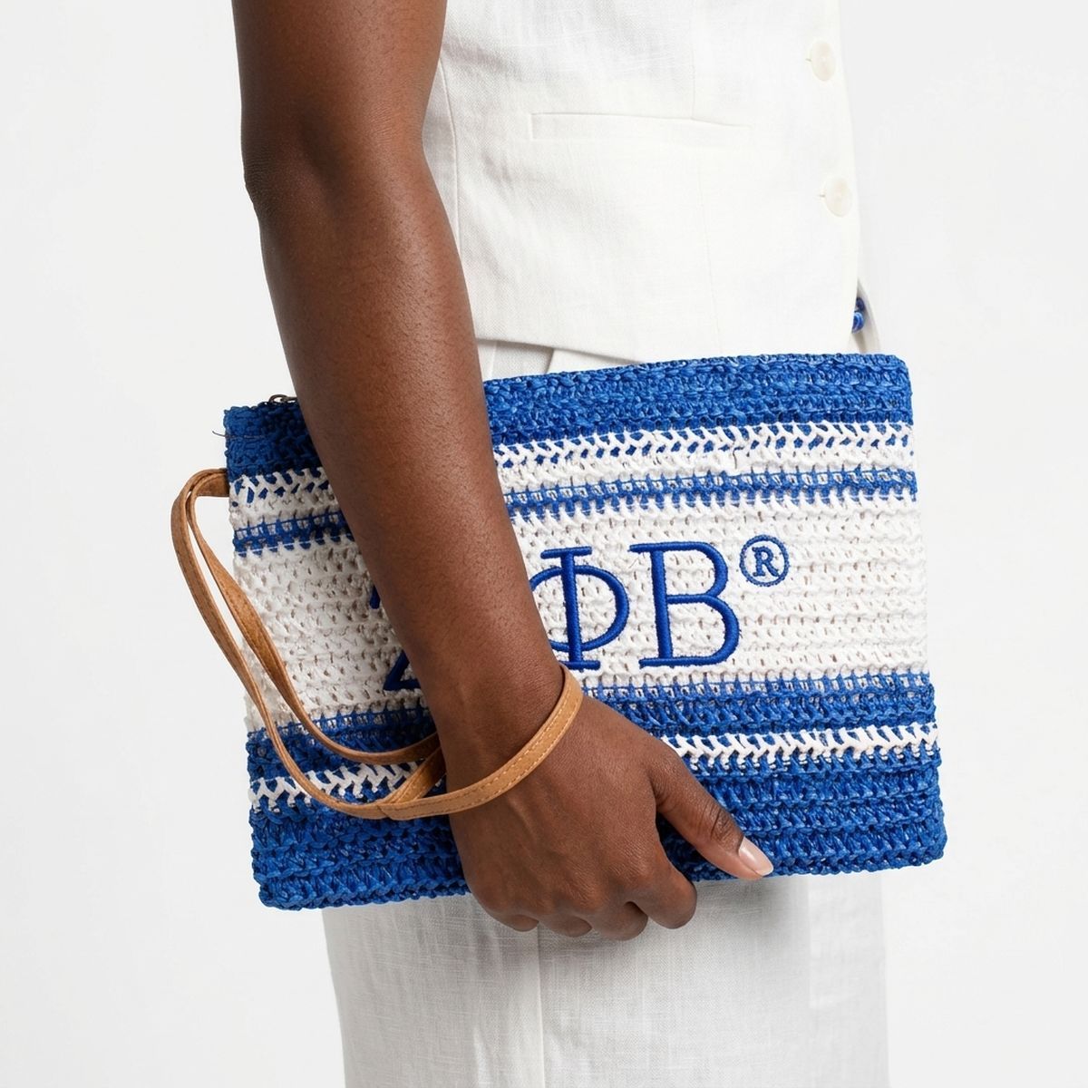 ZPB Faded Blue White Raffia Embroidered Pouch Bag