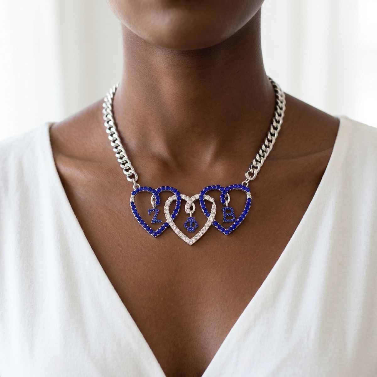 ZPB Blue and Clear Triple Heart Pendant Necklace