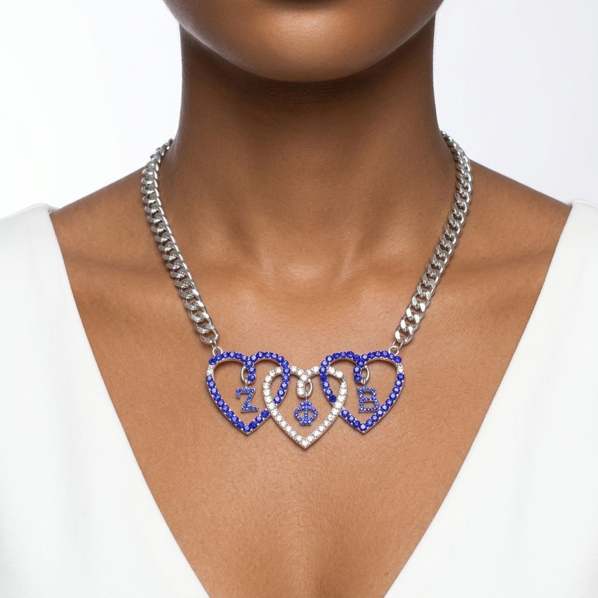 ZPB Blue and Clear Triple Heart Pendant Necklace