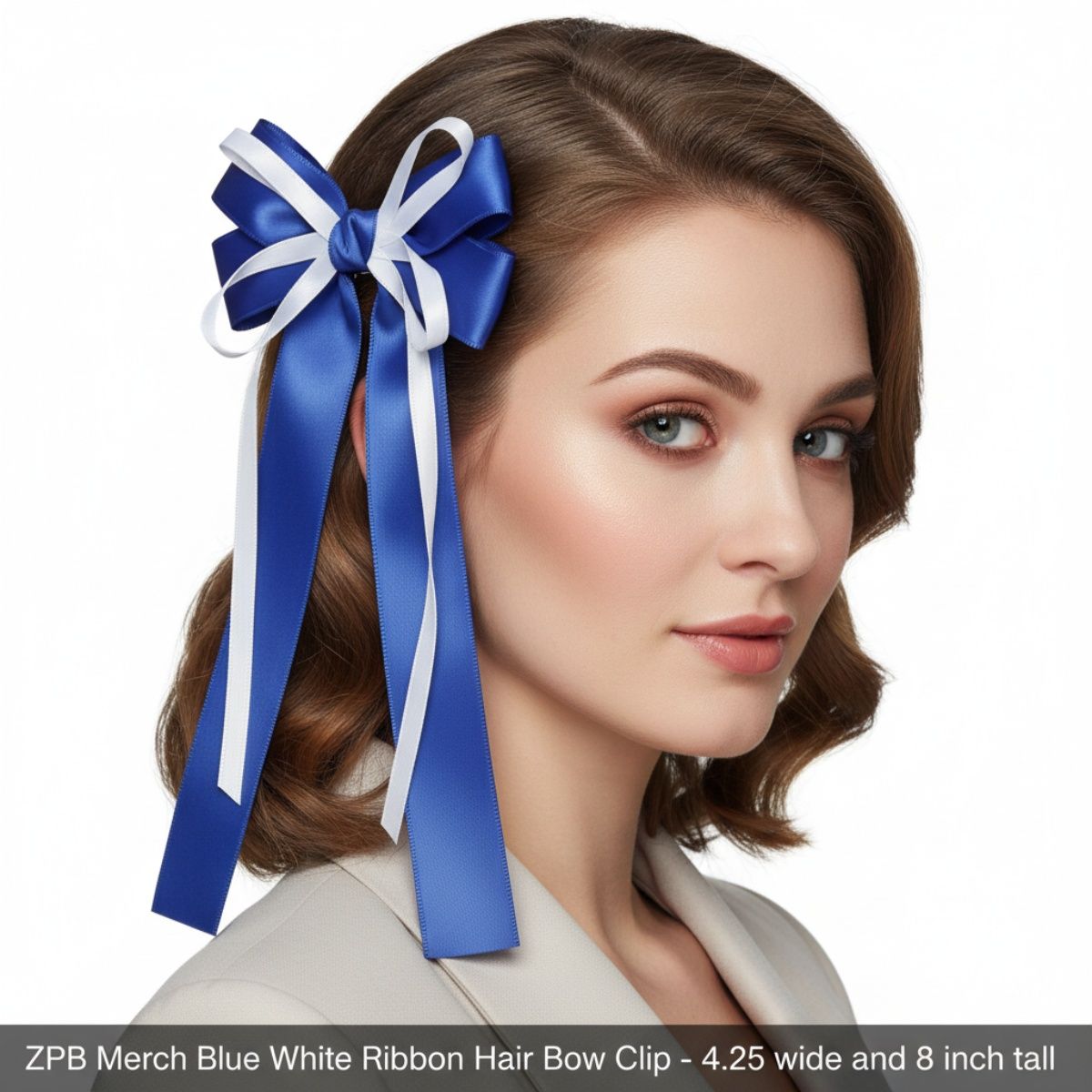 ZPB Merch Blue White Ribbon Hair Bow Clip
